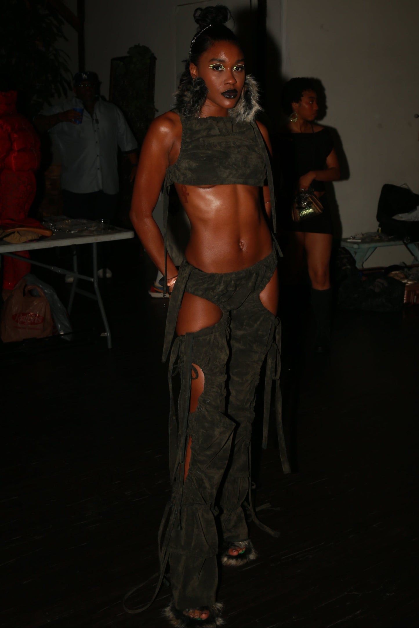 Olive Ruched Suede Trousers