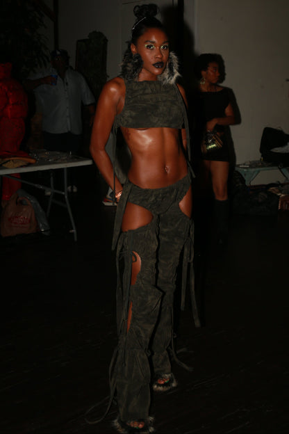 Olive Ruched Suede Trousers