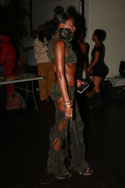 Olive Ruched Suede Trousers