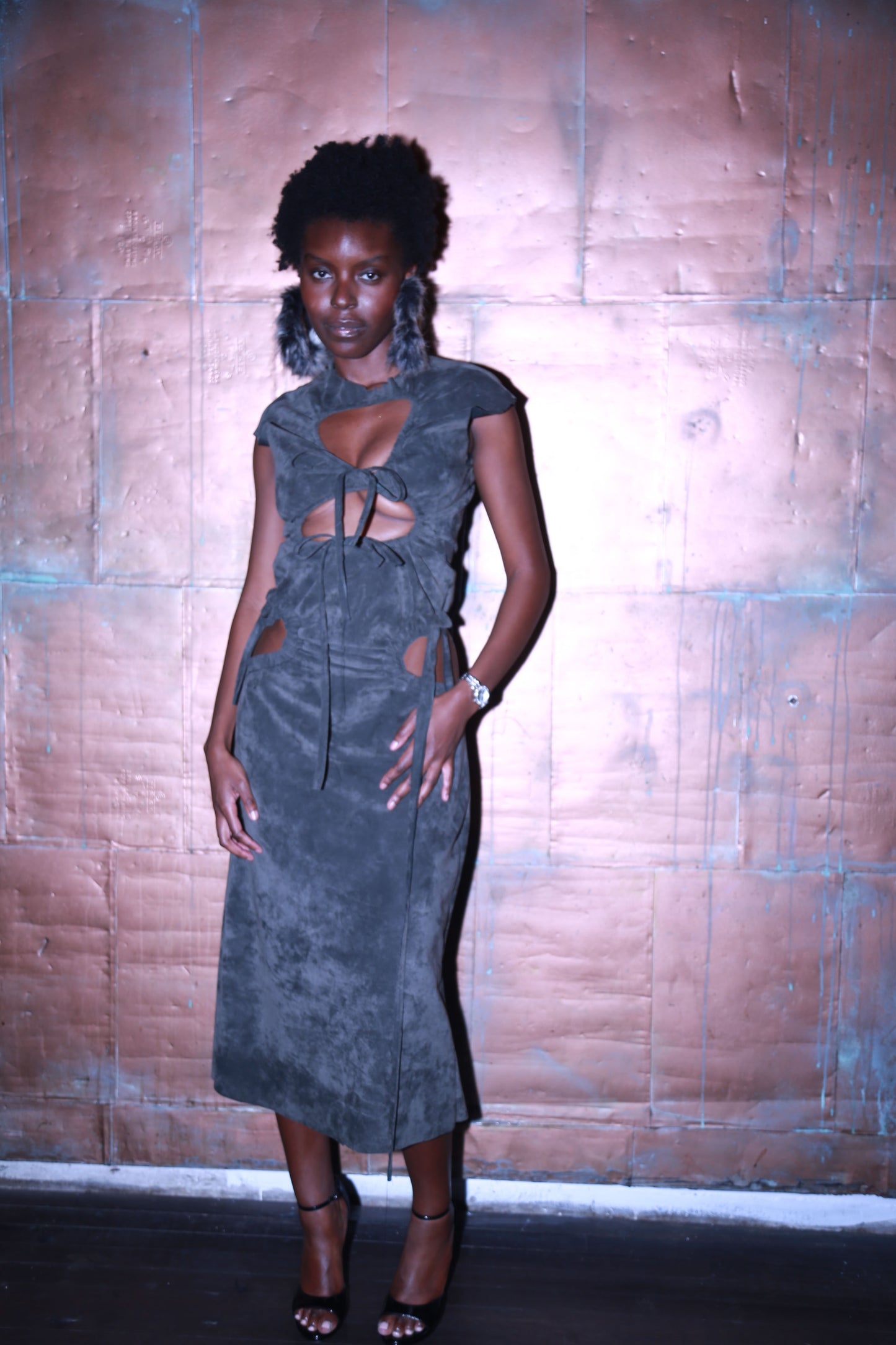 Olive Ruched Suede Dress