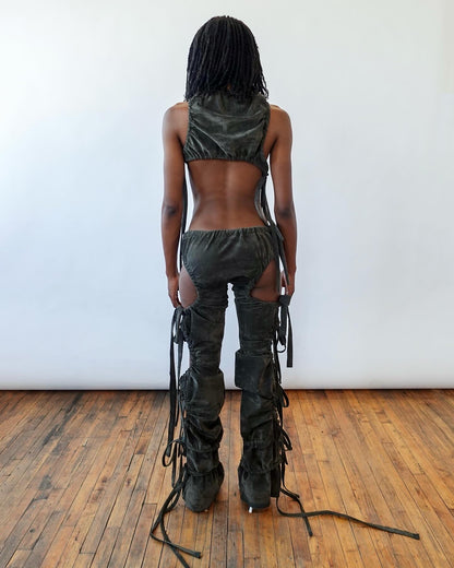 Olive Ruched Suede Trousers