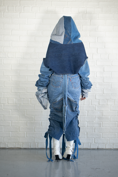 RUCHED DENIM MIDI SKIRT