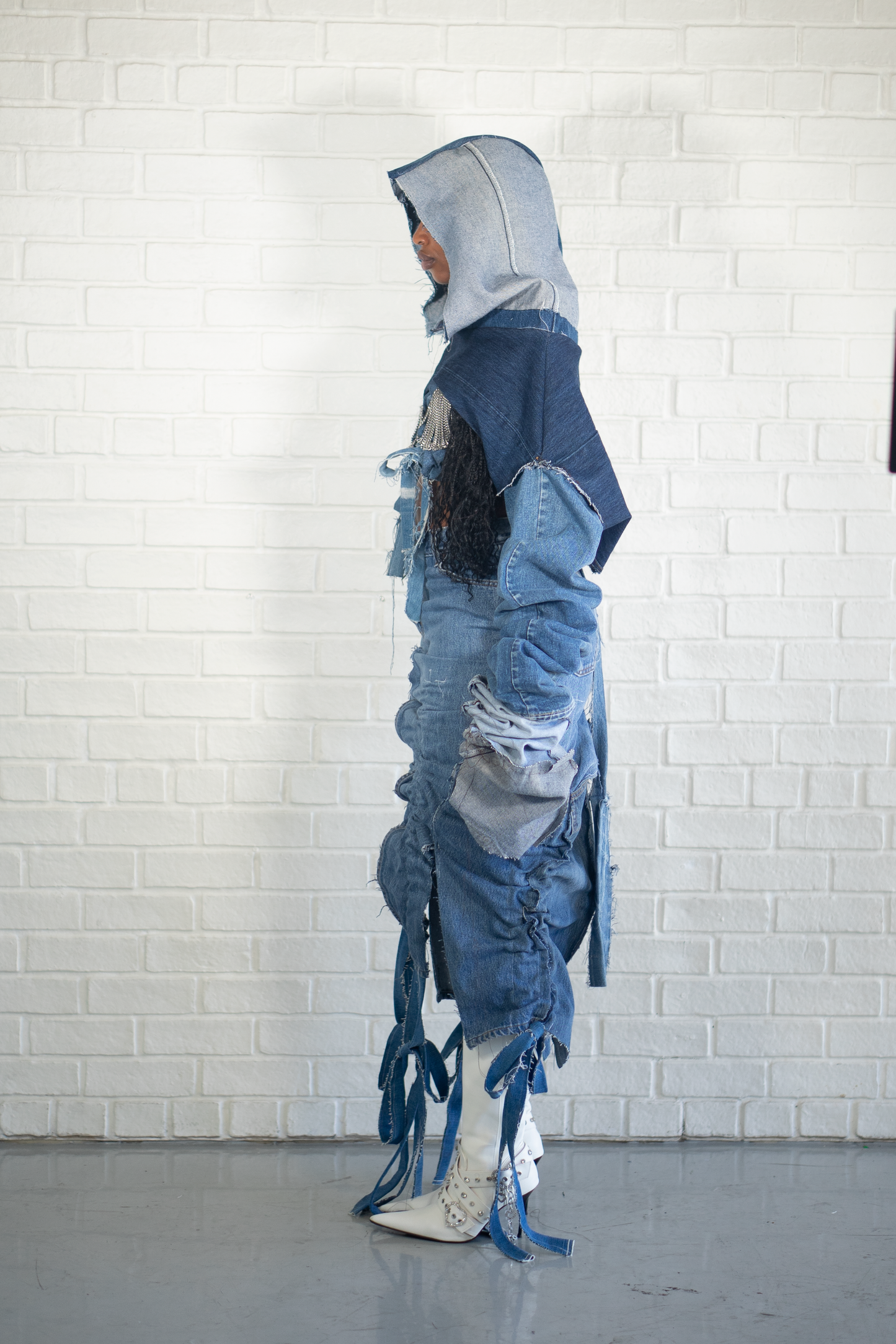 RUCHED DENIM MIDI SKIRT