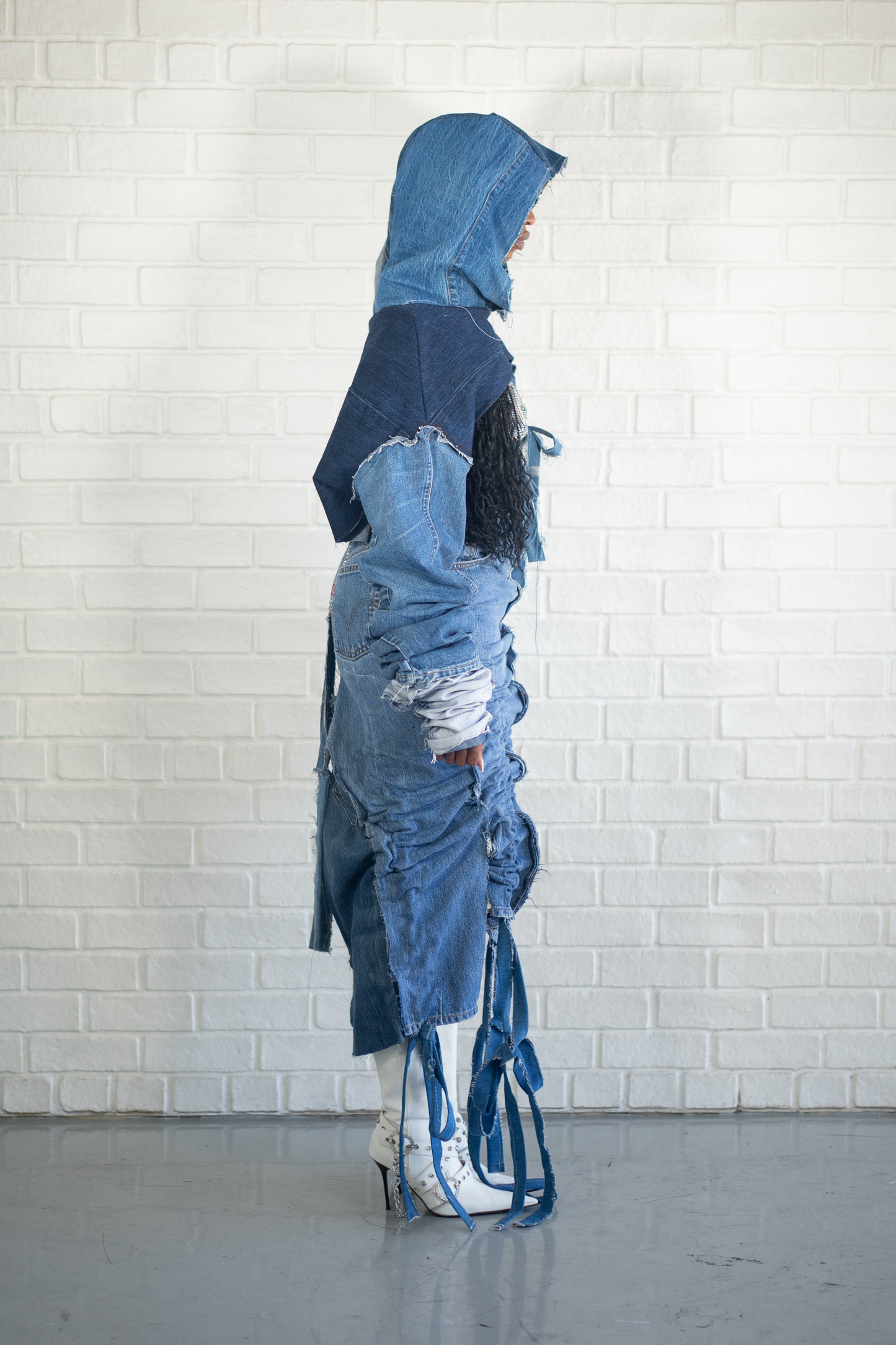 RUCHED DENIM MIDI SKIRT