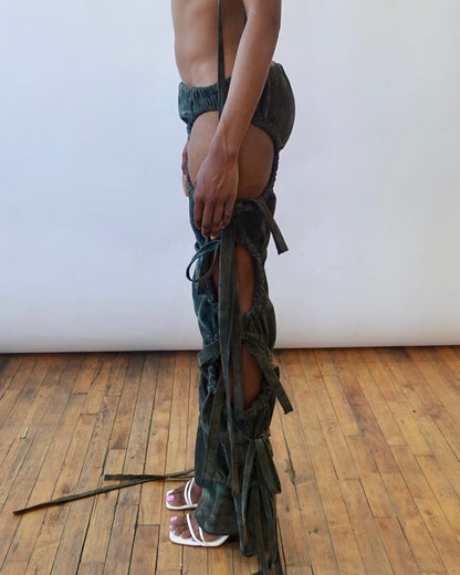 Olive Ruched Suede Trousers