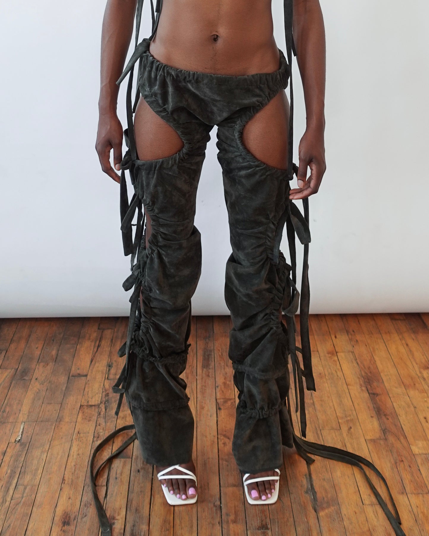 Olive Ruched Suede Trousers