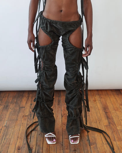 Olive Ruched Suede Trousers