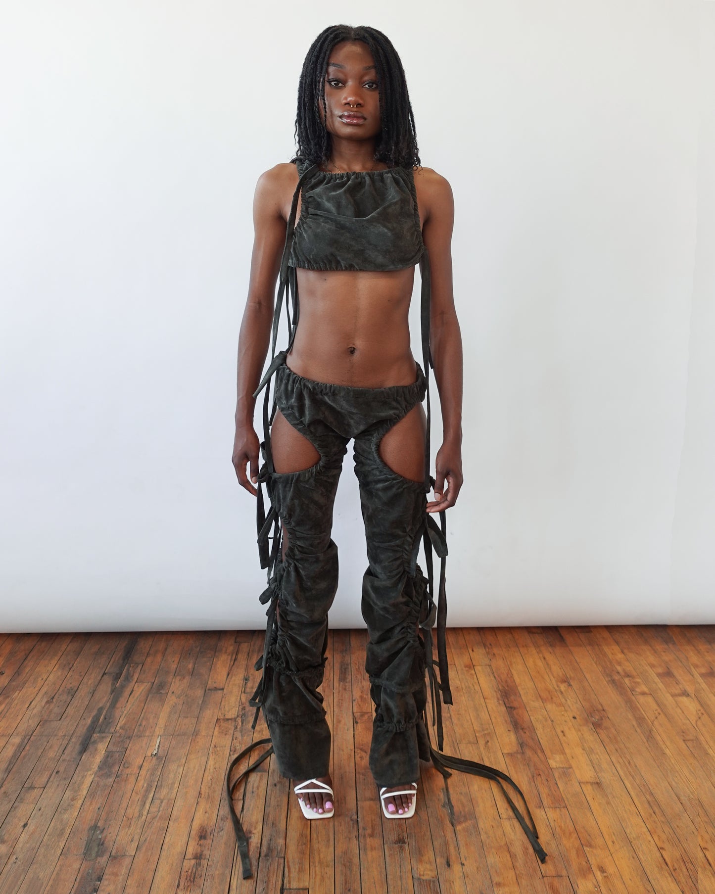 Olive Ruched Suede Trousers