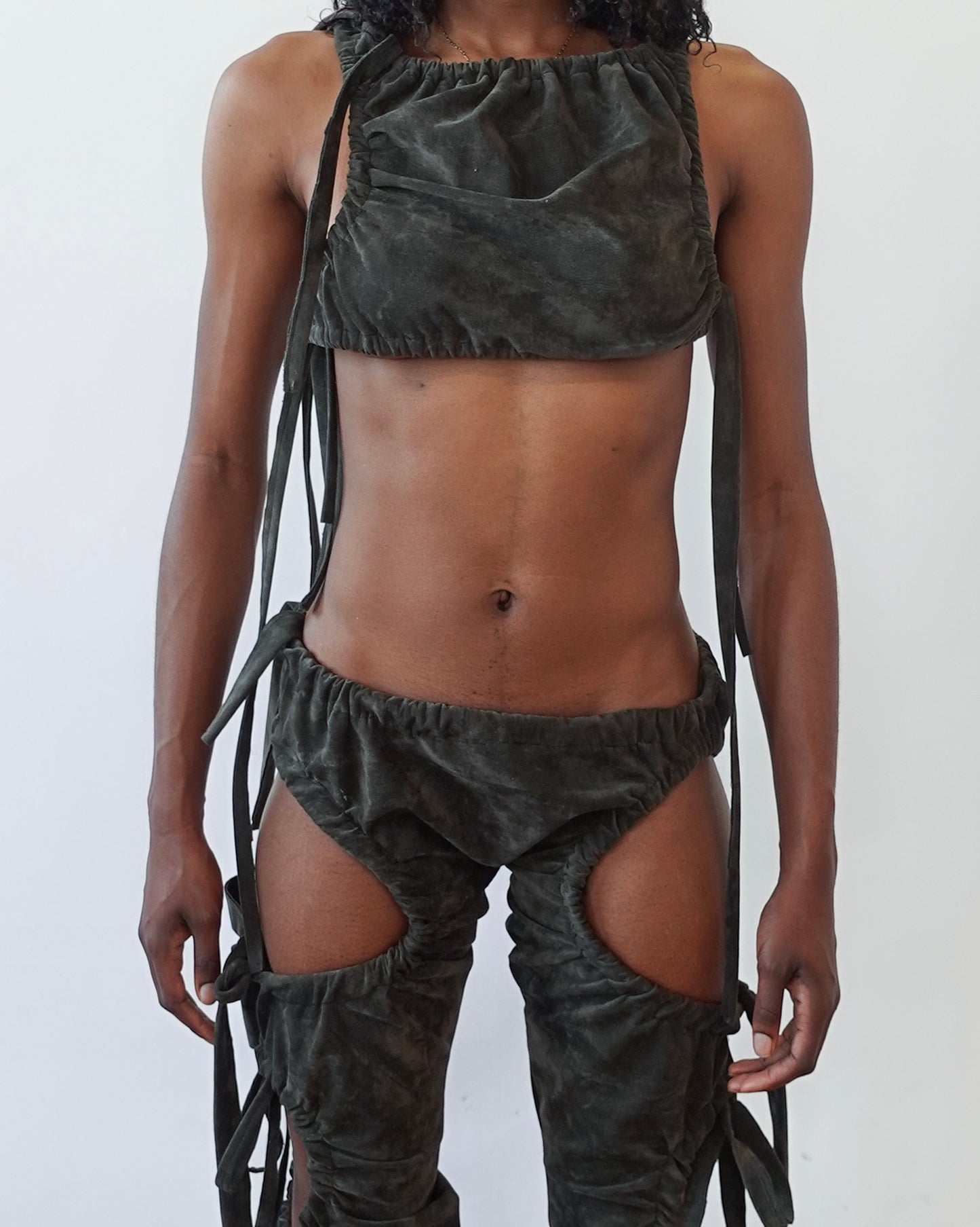 Olive Ruched Suede Trousers