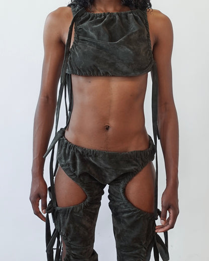 Olive Ruched Suede Trousers