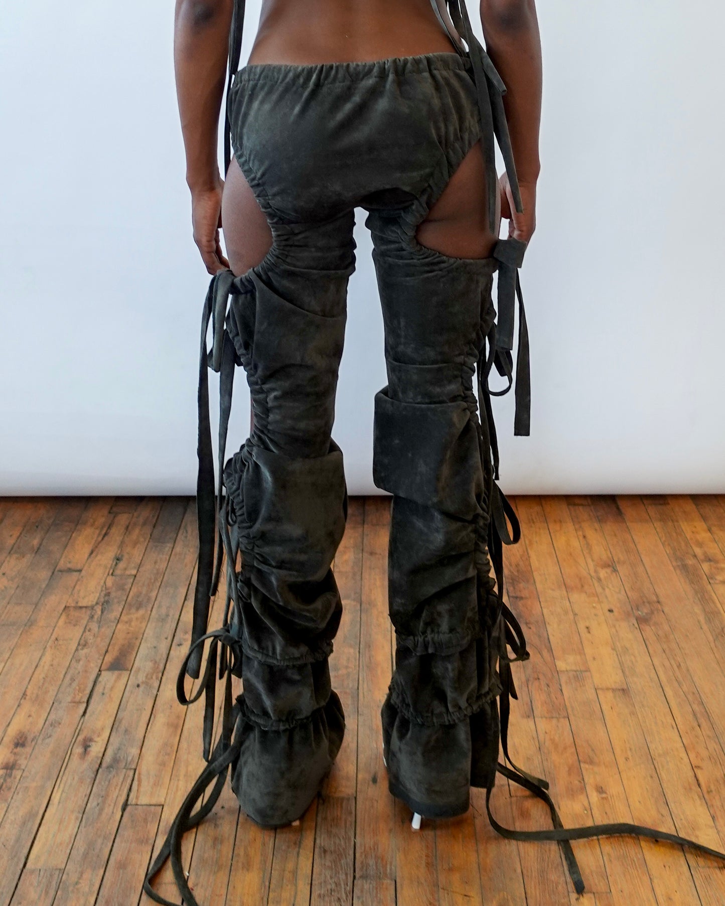 Olive Ruched Suede Trousers