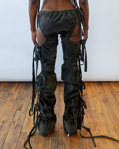 Olive Ruched Suede Trousers