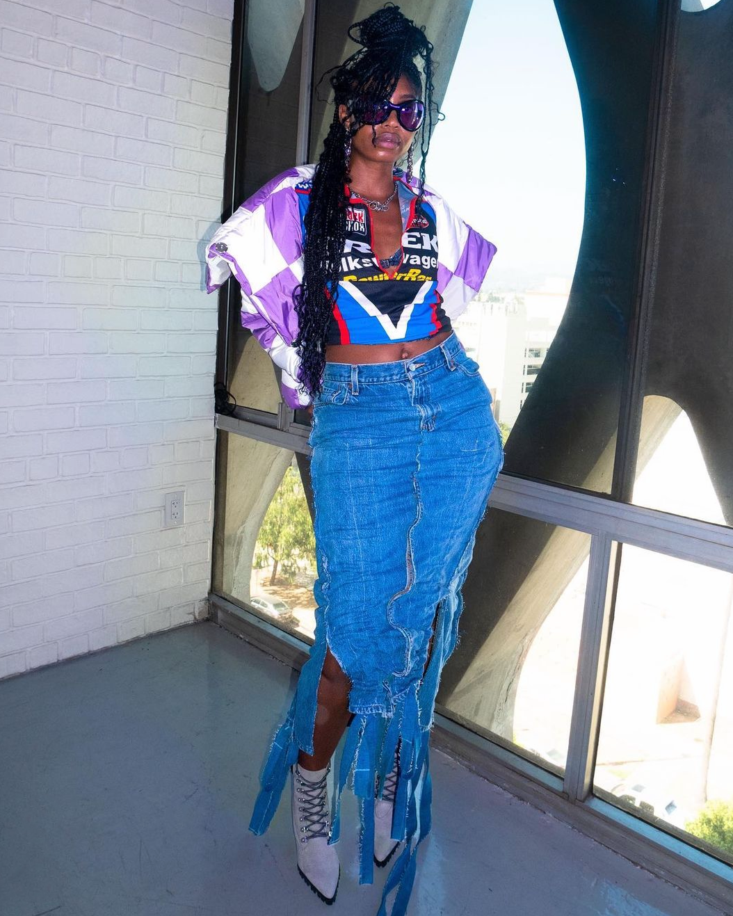 RUCHED DENIM MIDI SKIRT