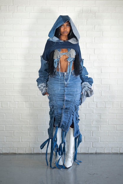 RUCHED DENIM MIDI SKIRT